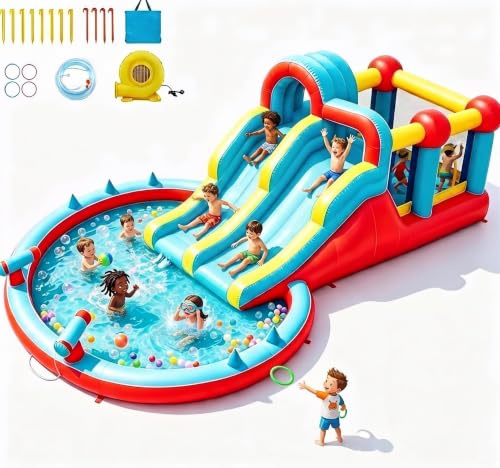 Bouncy Castle with Water Slide, 8 in 1 Inflatable Water Park,711×314×220 CM | Large Paddling Pool with Slide, Splash Pool, Water Cannon, Kids Inflatable Bounce House with Blower Storage Bag