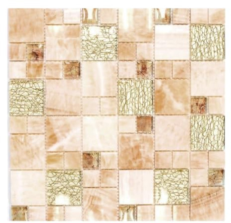 Mosaikfliese bernstein gold Glasmosaik Crystal für WAND BAD WC DUSCHE KÜCHE FLIESENSPIEGEL, Mattengröße: 300x300 = 0,09 qm, Steingröße: 23x23/48+48x48x8 mm - 1 Matte