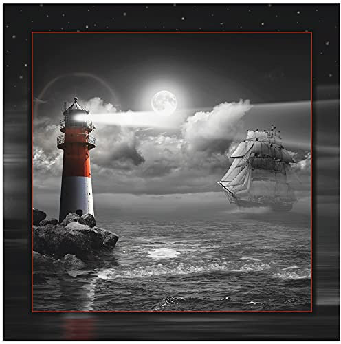 ARTland Wanddeko Wandbild Alu Verbundplatte für Innen & Outdoor Bild 70 x 70 cm Maritim Meer Küste Strand Leuchtturm Segelschiff Mond Wolken bei Nacht T6GH