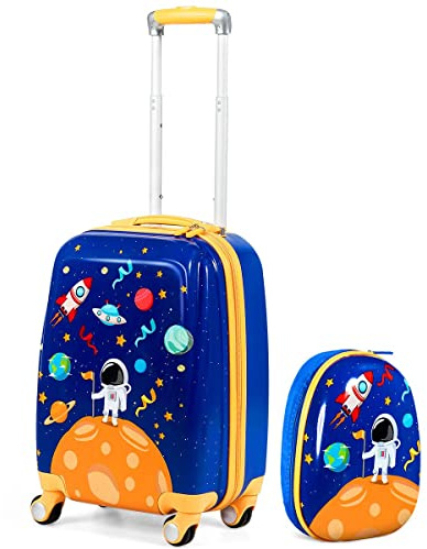 GOPLUS Valise Enfant Garçon Fille, Valise Enfant 18” ＆Sac à Dos 12” avec Motifs Colorés, Trolley à roulettes ABS, Hauteur de Poignée Réglable, Valise de Voyage Cabine Bagage Enfant en Vol (Bleu)