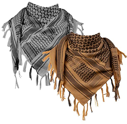 FREE SOLDIER Foulard 100% Coton écharpe Militaire Shemagh Tactique désert Keffiyeh avec Tassel 43 x 43 Pouces,Gris & Marron Set