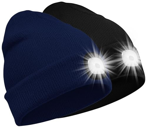 SPGOOD Berretto con Luce LED, Regalo Perfetto per l'inverno(Nero + Navy)