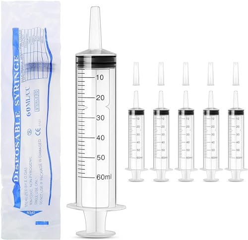DONQL Siringa 60ml Sterile,Siringhe Senza Ago, 6 Pezzi Siringa Aspira Liquidi,Siringa di Plastica con Tappi per Alimentazione di Animali Domestici Laboratorio Scientifico Esperimento Distribuzione
