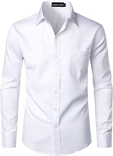 PARKLEES Men's Urban Stylish Casual Business Slim Fit Long Sleeve Button Up Dress Shirt with Pocket White M