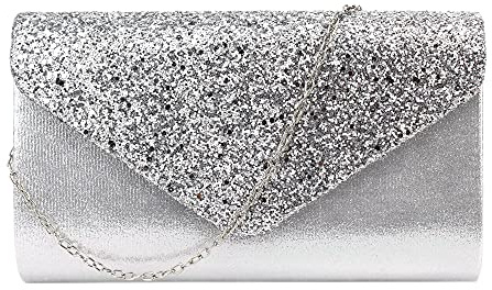 MEGAUK Damen Glitzer Clutch Unterarmtasche mit Abnehmbare Kette für Hochzeit Wedding Ball Bankett Prom Party, Silber