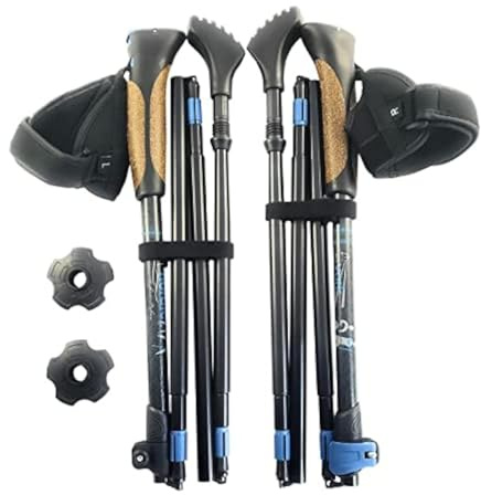 York Nordic Ultralight Folding Walking Poles - Travel Ready - with Rubber Feet, Baskets, and Bag (Nordic Grips - Under 5'3) Black