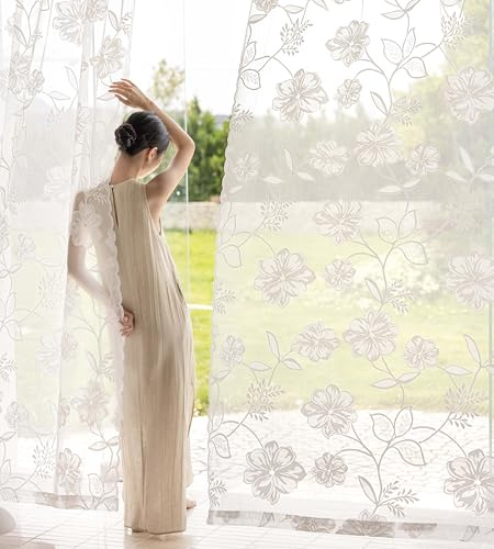 White Lace Sheer Curtains 63inch Rose Knitted Net Curtains with Vintage Floral Embroidered for Living Room Bedroom Window Privacy Country Chic Retro Leaf Semi Sheer Drapes Rod Pocket 54W 2Panels