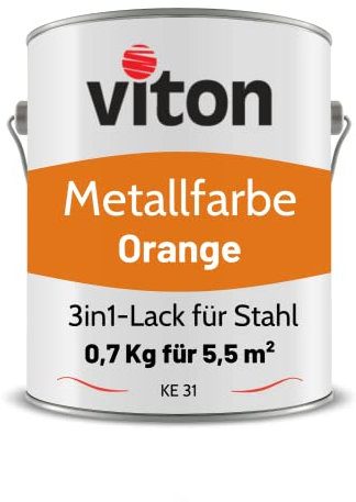 Viton Metallfarbe in Orange - 0,7 Kg Metall-Schutzlack Seidenmatt - Dauerhafter Schutz & hohe Beständigkeit - 3in1 Grundierung & Deckfarbe - Metalllack direkt auf Rost - KE31 - RAL 2011 Tieforange
