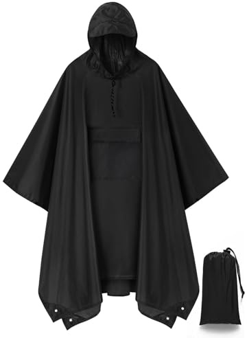 salamra Hooded Rain Poncho Waterproof Raincoat Jacket for Men/Women/Adults with Pocket, Black B, One Size