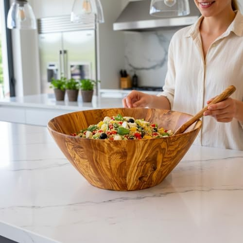 Rustic Natural Salad Bowl | Olive Wood Large Handcrafted End Grain Centre Piece Wooden Salad Bowl Mediterranean Decor Natural Shaped | Ideal for Serving Salads Fruits or Decorative Centerpiece (40cm)
