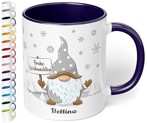 True Statements Weihnachtstasse mit Namen personalisiert „Frohe Weihnachten“ - mit Gold-Wichtel-Motiv - 330ml Keramik Kaffee-Becher mit Spruch – Geschenk zu Weihnachten (Kobaltblau)