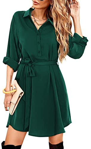 Beluring Long Sleeve Dress for Women V Neck Midi Dresses with Pocket Dark Green Size 18 20