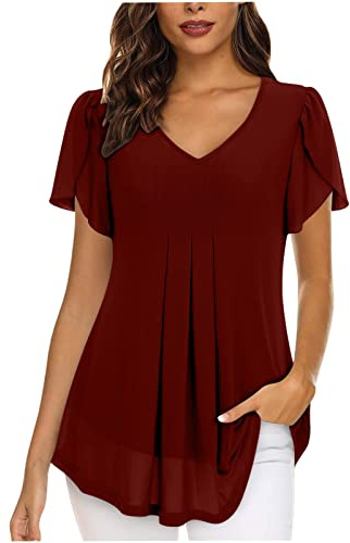 Camiseta Manga Corta Mujer Verano 2026 Moda Gasa Color sólido Camisa Volantes Blusa Cuello en V Plisada Camiseta Elegant Suelto Basic Tops Casual Fiesta Cómodo T-Shirt Original tee Playa
