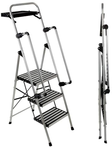 PROFI-PARTNER Stahl-Sicherheitsleiter, Trittleiter, Klappbare Handläufe, Klappleiter, 3 Stufen, Rutschsichere Plattform, TÜV Geprüft, Sicherer Tritt, Robust, bis 150 kg