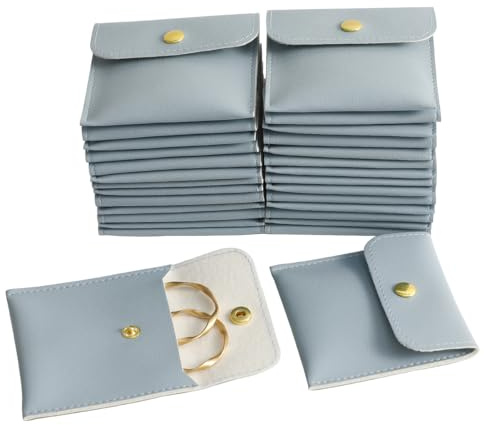 40pcs PU Leather Small Bags for Jewelry 8 x 8cm Snap Button Jewelry Packaging Bag Light blue Luxury Small Favor Bags Jewelry Gift Bags for Earrings Necklaces Bracelet Ring