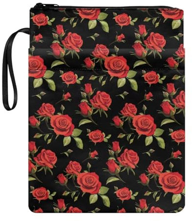 NETILGEN Buchhülle mit rotem Rosenblatt und Reißverschluss für Buchliebhaber, Buchschutz, Taschenbuch, Bucheinband, waschbar, Buchtasche mit Tasche für Teenager, Erwachsene, Buchliebhaber, Geschenk