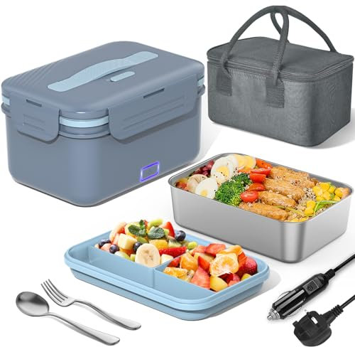 Herrfilk 100W Electric Lunch Box Adults, 1.8L Heated Lunch Box with Compartments for Fruits, Thermal Lunchbox with 230V Home/Office & 12V 24V Car/Truck Cables, Insulated Lunch Bag, Spoon and Fork