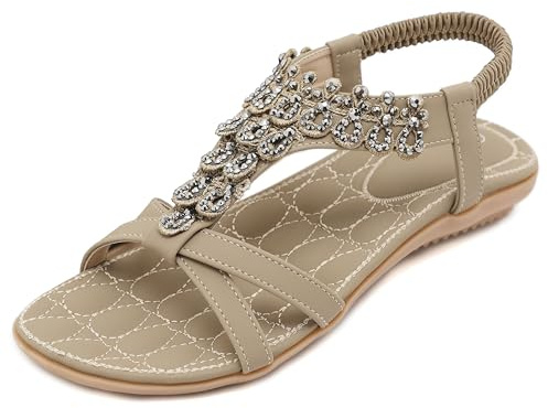 Amissz Sandales Femme Été Confortable Plate Chaussures Mode Casual T-Strap Respirantes Bohême Tongs Bout Ouvert Sandales avec Plat Vacances Style 4 Abricot 38EU