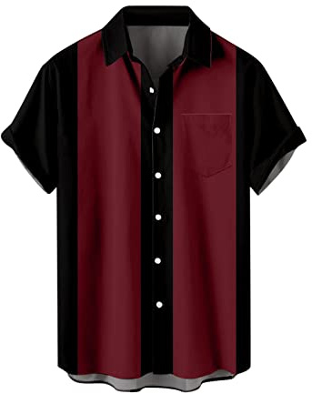 Camisa de bolos para hombre, campamento, cabaña, camisa de trabajo, estilo rockabilly, algodón, manga corta, informal, con botones, camisas de dos colores, para el salón, vintage, retro, para el
