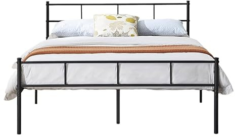 HOGAR24 ES | Cama Doble con Espacio Almacenamiento Debajo de la Cama | Somier Metálico con Patas de 135 x 190 cm | Estructura de Cama con Cabecero | Color Negro | Fácil Montaje.