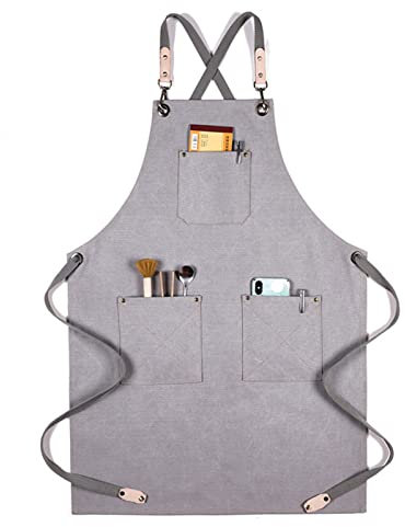 Werkzeugschürze, Arbeitsschürze mit Taschen, Arbeitsschürze, Segeltuchschürze, Werkstatt-Werkzeugschürze mit verstellbaren Trägern for Friseur, Küche, Gärtner, Café (Farbe: Grau, Größe: X-Groß) (Farbe