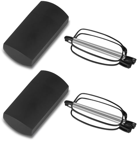 Aolso Lunettes de Lecture Pliables Ultra-minces, 2 paires Lunettes Anti Lumière Bleue Femme et Homme, Monture en Métal, Lunettes Portables de Voyage Avec étui à Lunettes(Noir, 1.5X)