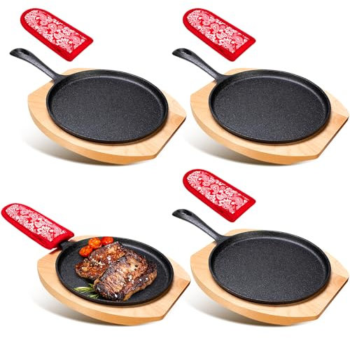 Mimorou Juego de 4 sartenes redondas de hierro fundido para fajita de 7.87 pulgadas, con base de madera y protección antiquemaduras, guante caliente para cocina, barbacoa, hogar, fiesta, restaurante,