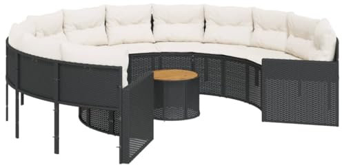 vidaXL Gartensofa mit Tisch und Kissen Rund Schwarz Poly-Rattan, Terrassensofa, Loungesofa, rundes Sofa, Outdoor Sofa, Loungemöbel, Sofa rund