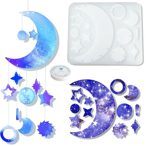 KAKOLOPT Moon Star Wind Chime Silicone Moulds Dream Catcher Resin Mold Kit, Moon Star Resin Mold Kit, Epoxy Resin Molds Craft Casting for DIY Wind-Bell Decorations Eid Ramadan Homemade Garden Decor