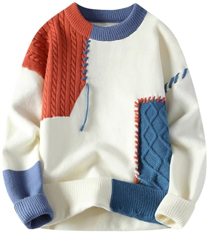 GURUNVANI Patchwork Sweater Mens Colorblock Jumper Cable Knitted Pullover Oversized