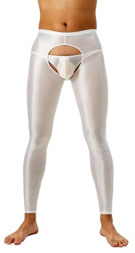 Xnihocha Herren Sexy Leggings mit offenem Schritt Glänzende Strumpfhose Skinny Pantyhose Hoher Taille Nachtwäsche Weiß L