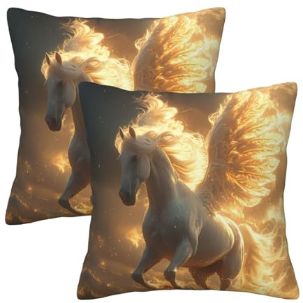 VOSERY Juego de 2 fundas de cojín de caballo blanco con alas doradas de 18 x 18 pulgadas, fundas de cojín decorativas suaves para sofá, cama, sala de estar, casa de campo