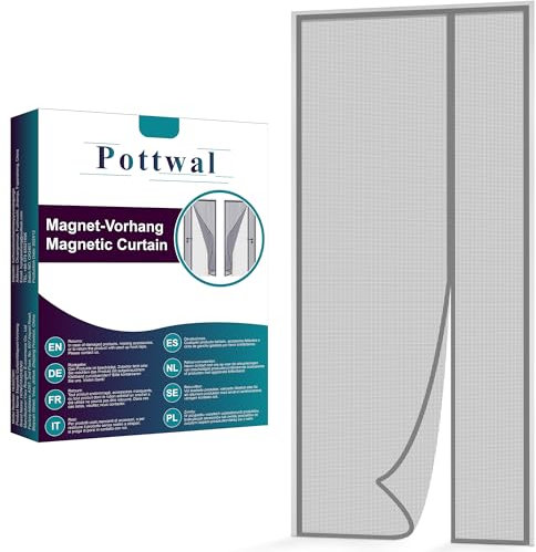 Pottwal Fliegengitter Tür Magnet Seitliche Öffnung, 95x205cm Automatisch Verschließen Insektenschutz Balkontür, Grau Fliegenvorhang Ohne Bohren für Wohnzimmer Kellertür Schiebetür Terrassentür