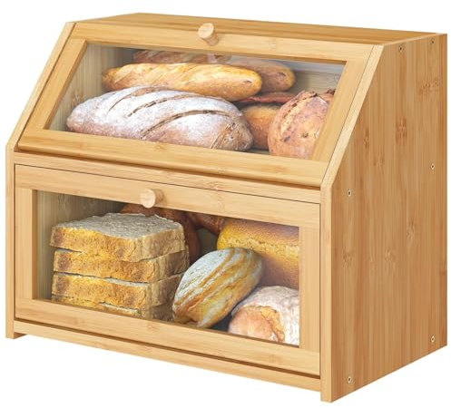 Comius Sharp Double Layer Large Bread Box für Küchentheke, Hölzerne Große Kapazität Brot Lagerung Bin mit Acryl-Türverkleidung, Große Kapazität Bin Küche Lebensmittel Lagerung Container