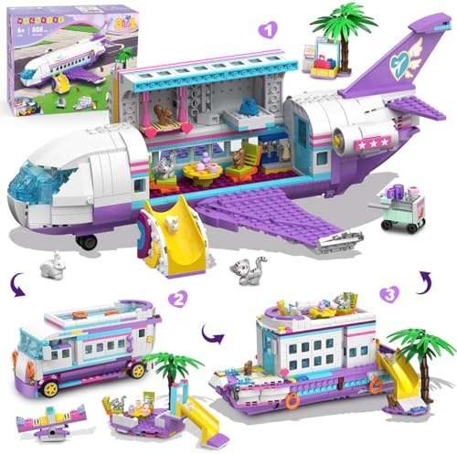 HOGOKIDS - 3 en 1 Friends Juego de construcción de Aviones - 808 Piezas de Bloques de Construcción de avión/Barco/Caravana con 6 minianimales, Tobogán y Pegatinas, Regalos para para niños y niñas