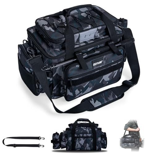 Goture Angeltasche, weiche Seite, wasserabweisend, Umhängetasche, Verstellbarer Angelrutengurt, Angelrucksack Mit gepolsterten Schultergurten, Reflektorstreifen und rutschfestem Boden Tarnfarbe