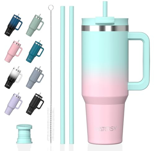 WATERSY 1182ml Vaso Termico con Asa y 2 Pajita, Vaso Termo Acero Inoxidable, 40oz Termo Café Termica Doble Pared para Frío y Caliente, Travel Mug para Gimnasio, Oficina, Viaje (Verde-Rosa)