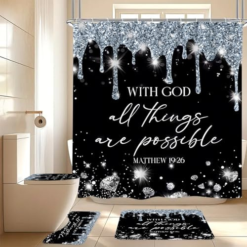 4 Pcs Black Silver Diamonds Shower Curtain Set with Rugs and Toilet Lid Cover, Black White Bible Verse Waterproof Fabric Bathroom Set, Christian Scripture Shower Curtain Bathroom Decor Set Accessories