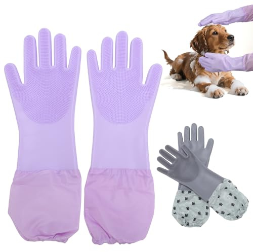 ZESTEFY 2 guantes para el cuidado de perros, Förlängda massagehandskar i silicona para gatos y perros – Cuidado del pelaje, depilación, baño con colgable y multifuncional (lila y gris)