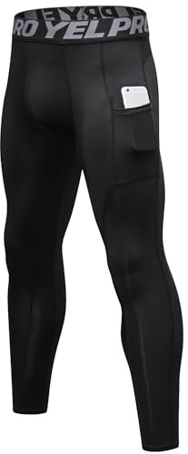 Yuerlian Black Running Leggings Men Compression Sports Tights Base Layer Pants Quick Dry Gym Trousers with Pockets for Workout Cycling Golf
