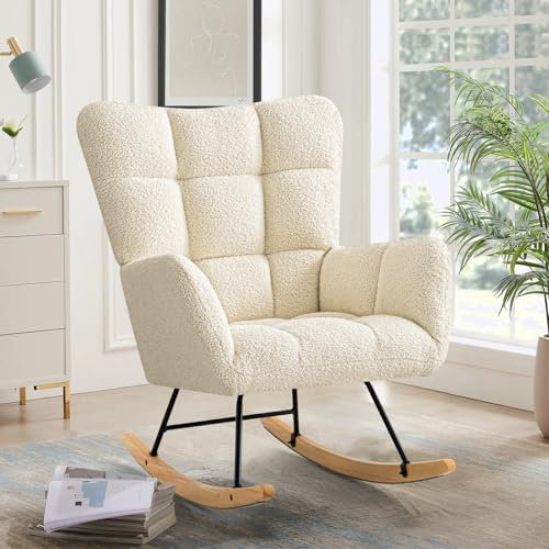 Ckaff Schaukelstuhl, Schaukelsessel Stillsessel Babyzimmer, Relaxstuhl Gepolsterter Sessel Wohnzimmersessel Lesesessel mit Holzkufen, Armlehne für Wohnzimmer Schlafzimmer Babyzimmer, Elfenbeinweiß