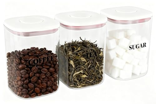 ZoeQide Juego de latas de café con tapa – 3 botes de almacenamiento para café, té y azúcar – recipientes herméticos de plástico sin BPA – recipientes transparentes para estación de café y cocina