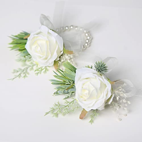 FJTNSQXSZ 2 Pcs Buttonhole Flower Wedding Bouquet, White Rose, Handmade Manhattan Corsage Bouquet Flower, Men's Buttonhole Clip, Suitable for Groom and Bride Suits