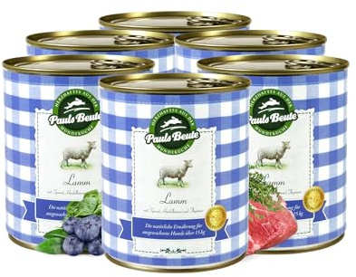 Pauls Beute Hochwertiges Hundefutter Nass | Single-Protein Lamm 62% | 6 x 800g | Mit Spinat & Heidelbeeren | Getreidefreies Nassfutter für ausgewachsene Hunde | Ohne Zusatzstoffe | Leicht verdaulich