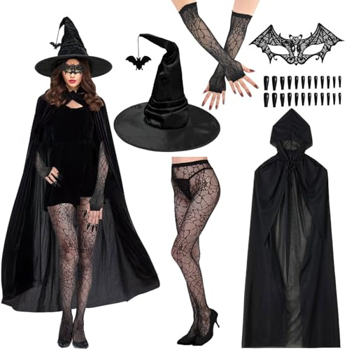 ZeiLaBang Kakadi Hexenkostüm Damen Halloween,Hexenumhang Hexenhut Damen,Halloween Kostüm Damen Hexe Set,Gothic hexenkostüm damen mit Augenmaske Aus Spitze,hexen Zubehör Für Halloween, Karnevalspartys