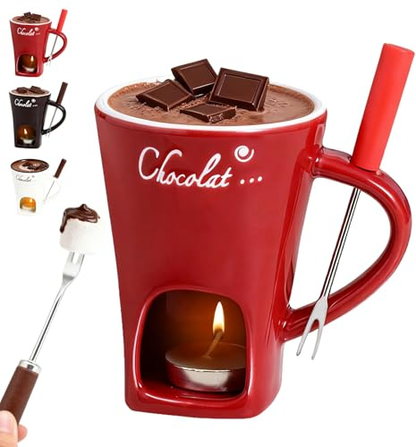 Chocolate Fondue Mug with Forks, Ceramic Chocolate Melting Cup Mini Cheese Melting Cup, Tealight Warmer Pot Set Fondue Mug for Butter Candy Caramel