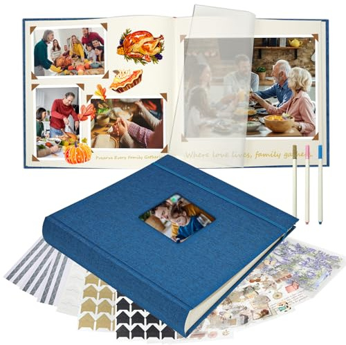Vienrose Album Photo en Lin 30x30 cm avec Espaces d'Écriture, Album Personnalisable DIY Scrapbook, Grand Livre Photo pour Mariage, Naissance, Famille, Baptême, Anniversaires (60 Pages, Bleu Marine)