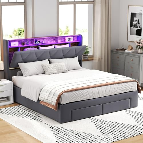 Jtyca Double Bed Frame with Storage, 4FT6 Ottoman Bed with 2 Drawers & Concealed Headboard Storage & Hydraulic, Upholstered Bed with-LED-Lighting, USB-&-Type-C, Velvet, Grey, 135x190 cm (No Mattress)