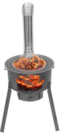 Estufa de leña portátil con 3/4 anillos de cocción y caja de cenizas. Patas desmontables. Estufa de chapa de acero resistente con ventilación y chimenea. Estufa de leña para camping, picnic y cocina