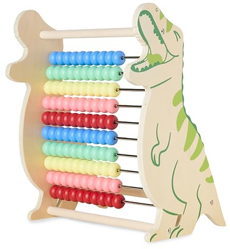Twig & Leaf Rechenschieber für Kinder aus Holz, Dinosaurier Abakus Montessori Spielzeug zum Rechnen & Zählen Lernen, Zählrahmen 1. Klasse & Vorschule, Nachhaltiges Lernspielzeug aus Holz & Metall